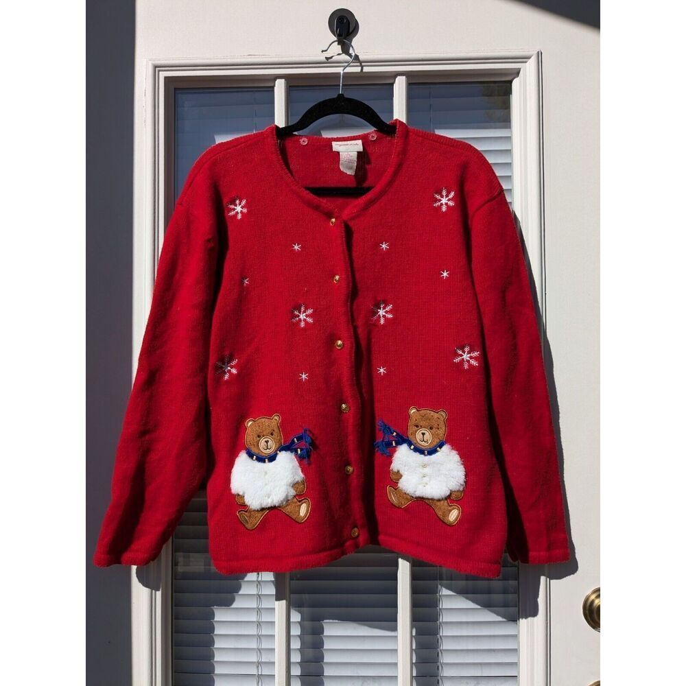 Crystal Kobe Vintage Cardigan Sweater ~ Ugly Christmas Bears ~ Red, Size L
